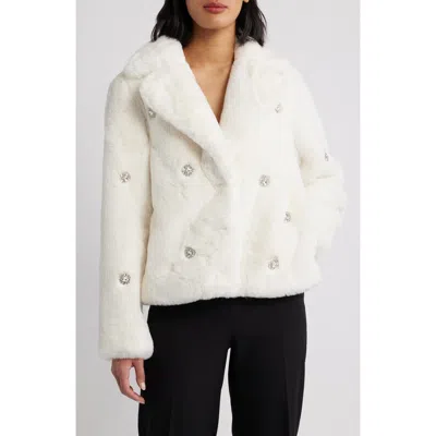 Cece Rhinestone Button Faux Fur Jacket In White