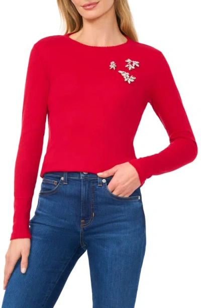 Cece Rhinestone Embellished Scalloped Trim Rib Knit Top In Glamour Red