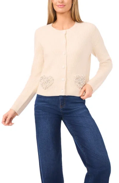 Cece Rhinestone Heart Pocket Cardigan In Neutral