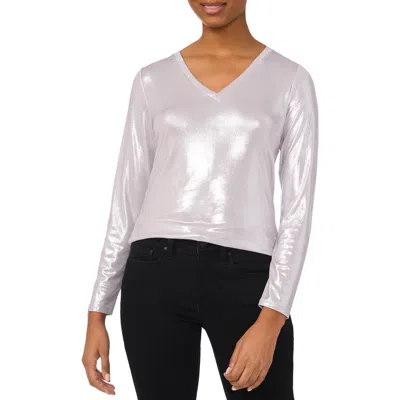 Cece Rhinestone Long Sleeve V-neck Blouse In Silver