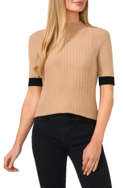 Cece Rib Colorblock Mock Neck Top In Latte Heather