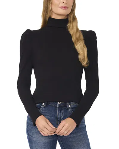 Cece Rib Knit Puff Sleeve Turtleneck Top In Black