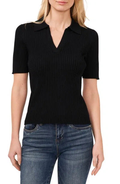 Cece Rib Short Sleeve Polo In Rich Black