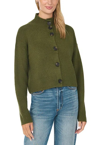 Cece Roll Edge Mock Neck Cardigan In Green