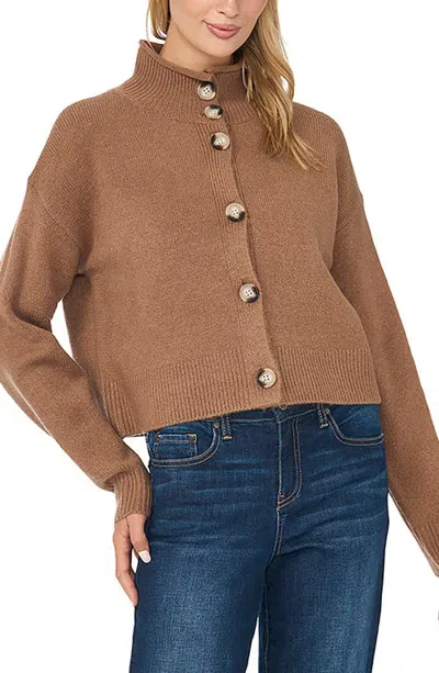 Cece Roll Edge Mock Neck Cardigan In Brown