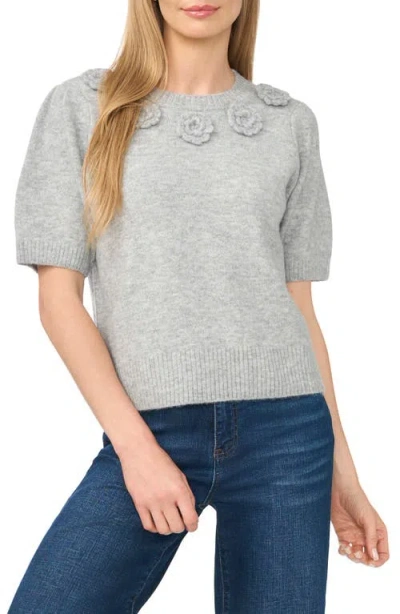 Cece Rosette Short Sleeve Sweater In Light Heather Grey