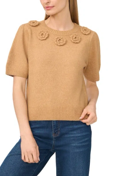 Cece Rosette Short Sleeve Sweater In Wild Oak