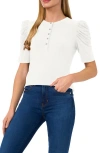 Cece Ruched Sleeve Crepe Knit Henley In White
