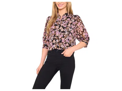 Cece Ruched Sleeve Hidden Placket Blouse In Black