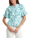 Cece Ruff Cuff Cropped Button Down Linen-blend Shirt In Multi