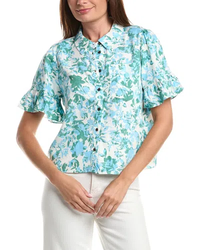 Cece Ruff Cuff Cropped Button Down Linen-blend Shirt In Multi