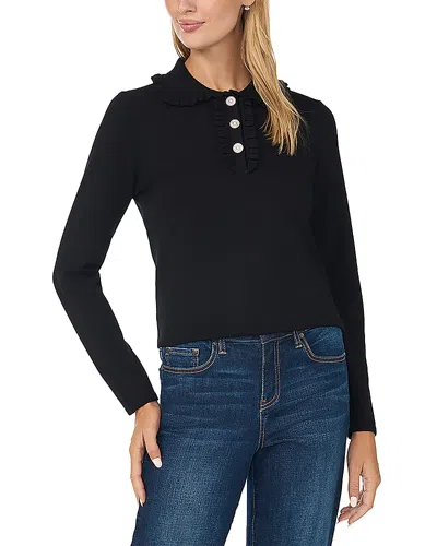 Cece Ruffle Collar Polo Sweater In Black