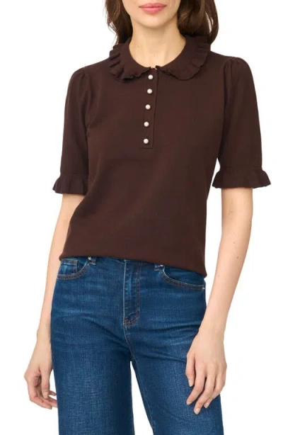 Cece Ruffle Collar Short Sleeve Polo Sweater In Brown
