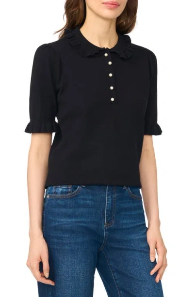 Cece Ruffle Collar Short Sleeve Polo Sweater In Black