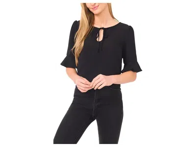 Cece Ruffle Cuff Split Tie Neck Top Women's Clothing Rich Black: Xl, Polyester/spandex In Multi