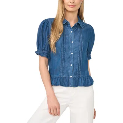 Cece Ruffle Denim Shirt In Blue