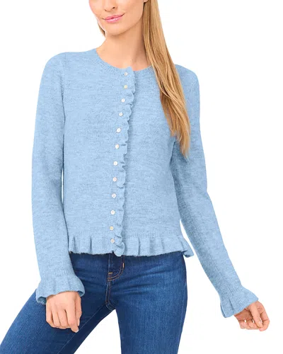 Cece Ruffle Edge Long Sleeve Cardigan Sweater In Blue