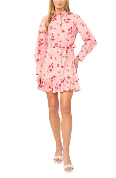 Cece Ruffle Floral Print Tie Waist Shirtdress In Pink