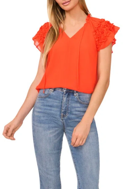 Cece Ruffle Flutter Sleeve Top In Tigerlily Red
