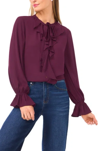 Cece Ruffle Neck Button-up Georgette Shirt In Burgundy