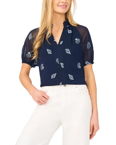 Cece Ruffle Neck Embroidered Seashell Blouse In Blue