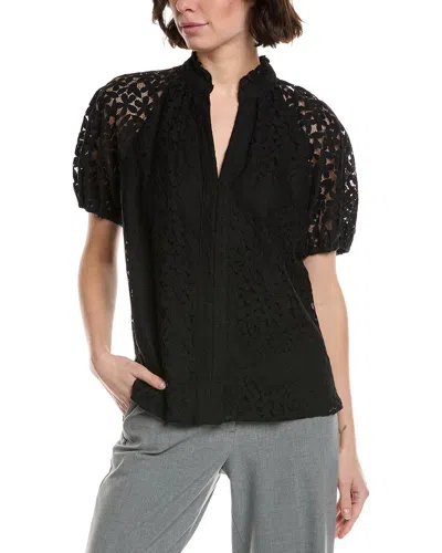 Cece Ruffle Neck Raglan Seam Split Neck Blouse In Black