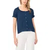 Cece Wide Ruffle Button Front Shirt In Blue