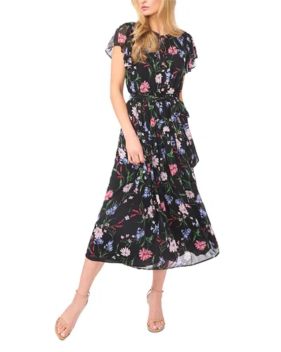 Cece Ruffle Short Sleeve Keyhole Tie Waist Dress In Multi