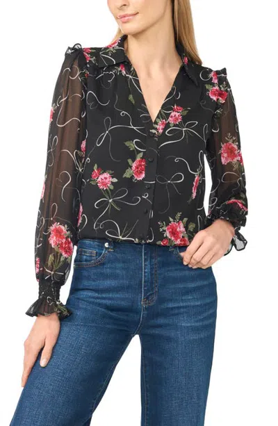 Cece Ruffle Shoulder Long Sleeve Button Down Shirt In Rich Black