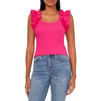 Cece Ruffle Sleeve Ribbed Top In Bright Rose
