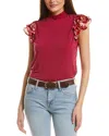 Cece Floral Print Double Ruffle Mixed Media Top