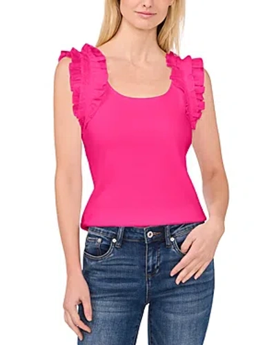 Cece Ruffle Sleeve Ribbed Top In Bright Rose