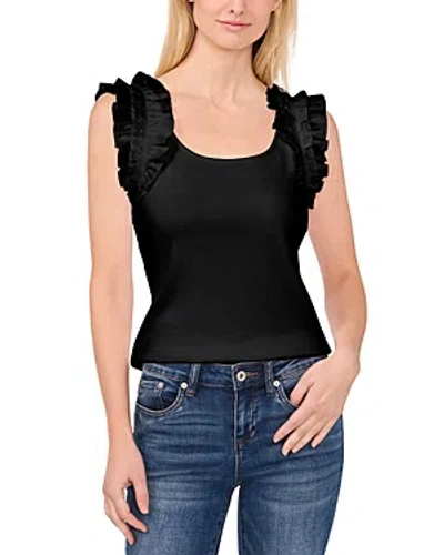 Cece Ruffle Sleeve Ribbed Top In Rich Black