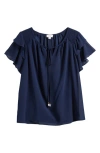 Cece Ruffle Sleeve Tie Neck Top In Blue
