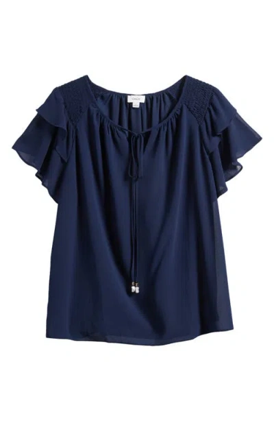 Cece Ruffle Sleeve Tie Neck Top In Blue