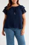 Cece Tie Neck Flutter Sleeve Top In Blue
