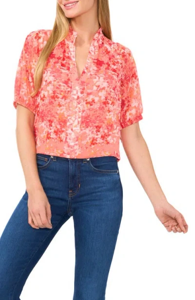 Cece Ruffle Split Neck Short Sleeve Top In Deep Sea Coral