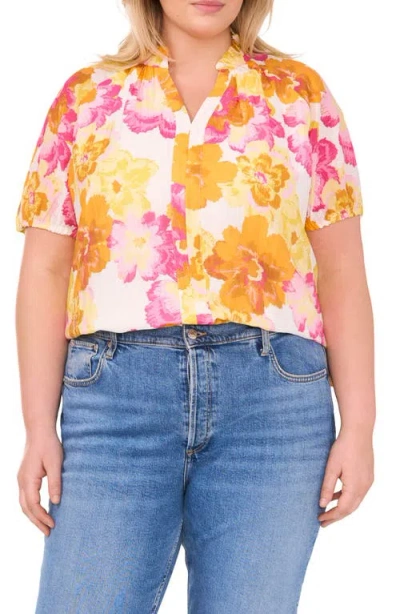 Cece Ruffle Split Neck Short Sleeve Top In Yellow