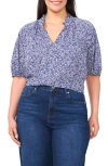 Cece Ruffle Split Neck Short Sleeve Top In Blue