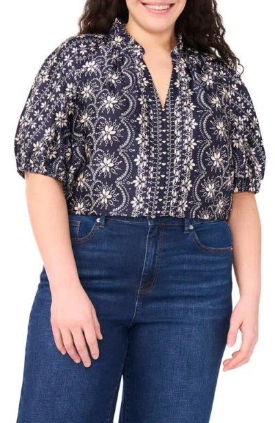 Cece Ruffle Split Neck Short Sleeve Top In Multi