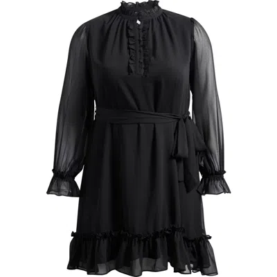 Cece Ruffle Tie Waist Long Sleeve Dress In Black