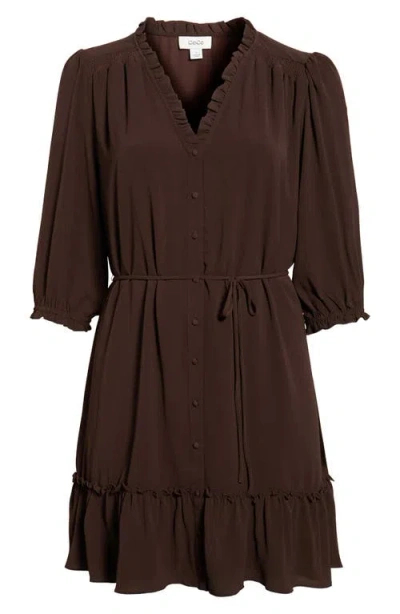 Cece Ruffle Trim Button-up Dress In Brown