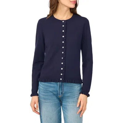 Cece Ruffle Trim Crewneck Cardigan In Blue