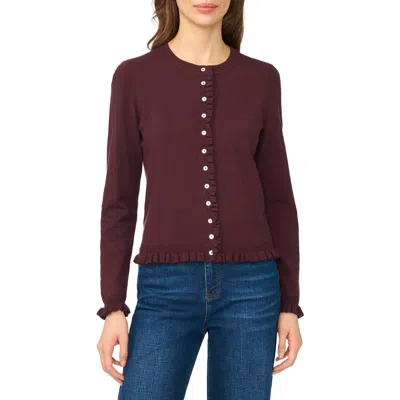 Cece Ruffle Trim Crewneck Cardigan In Burgundy