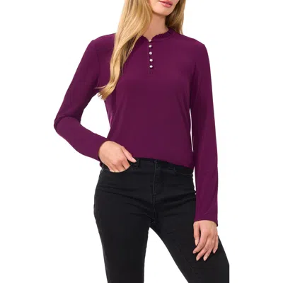 Cece Ruffle Trim Knit Henley In Dark Forest