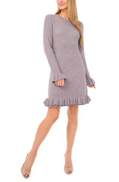 Cece Ruffle Trim Long Sleeve Sweater Minidress In Gray