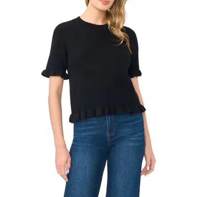 Cece Ruffle Trim Short Sleeve Sweater In Black