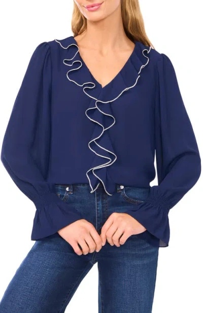 Cece Ruffle V-neck Top In Blue