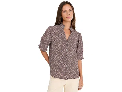 Cece Ruffle V-neck Elbow Sleeve Button-down Blouse Women's Clothing Hazel: Xl In Brown
