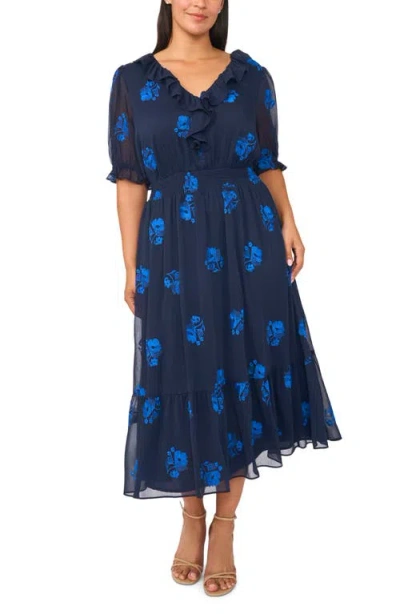 Cece Ruffle V-neck Midi Dress In Classic Navy